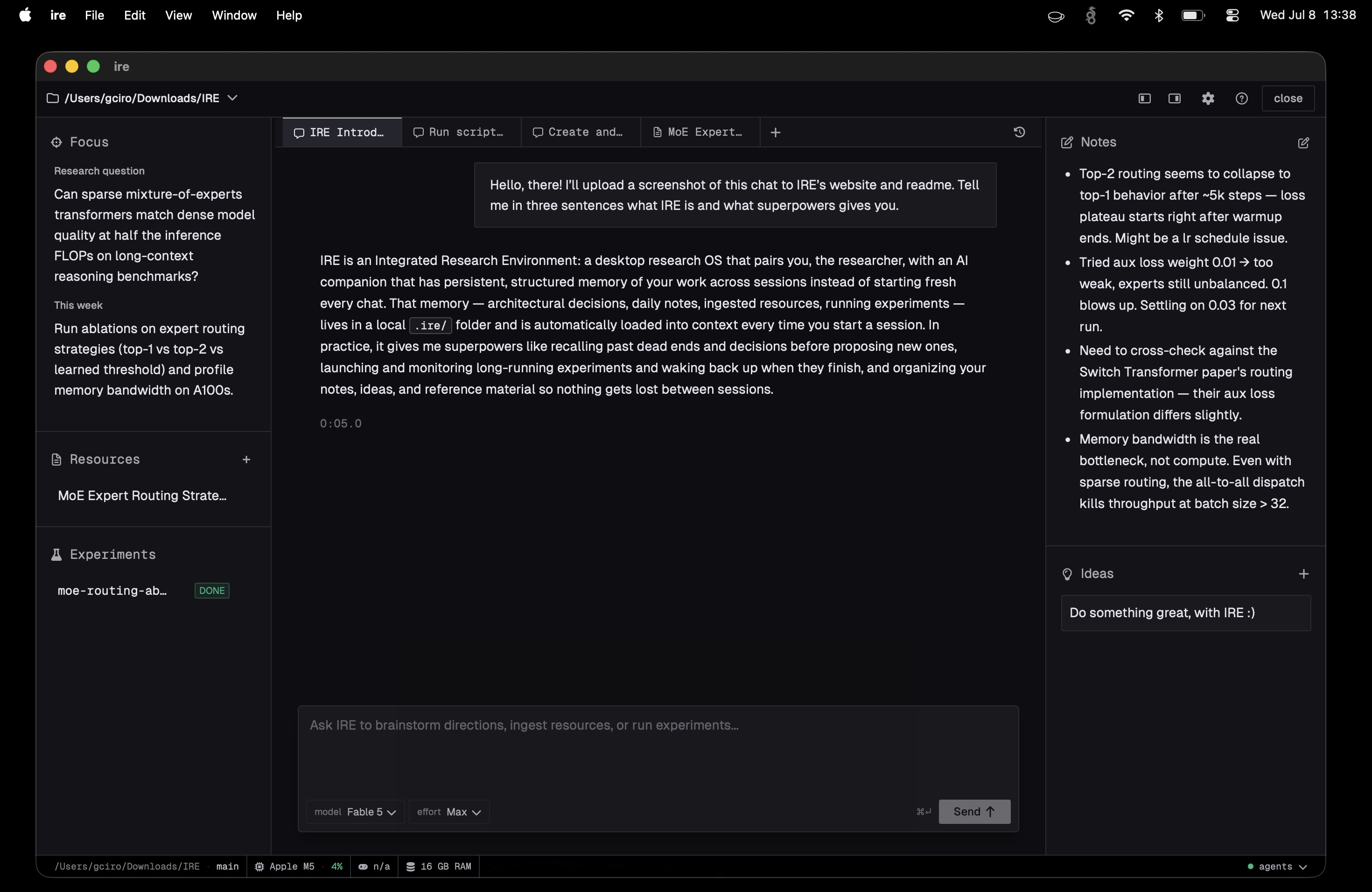 IRE interface — five-pane research environment with Focus, Resources, Chat, Notes, and Ideas panels
